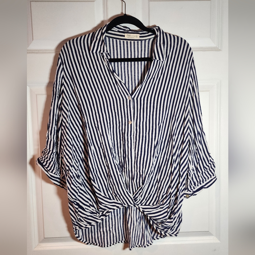 Just Living Navy Blue And White Striped 3/4 Sleeve Button Detail Top Medium